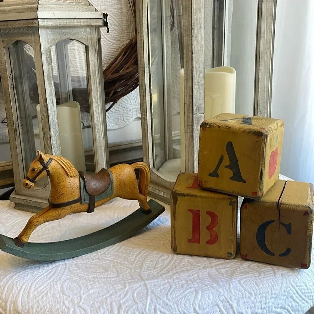 Set of 3 Large Vintage Folk Art Hand Made Wood Blocks